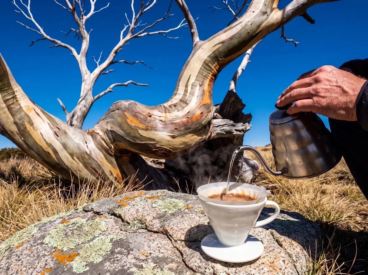 Coffee being poured over a dripper on a lichen-covered granite boulder beneath a snow gum
