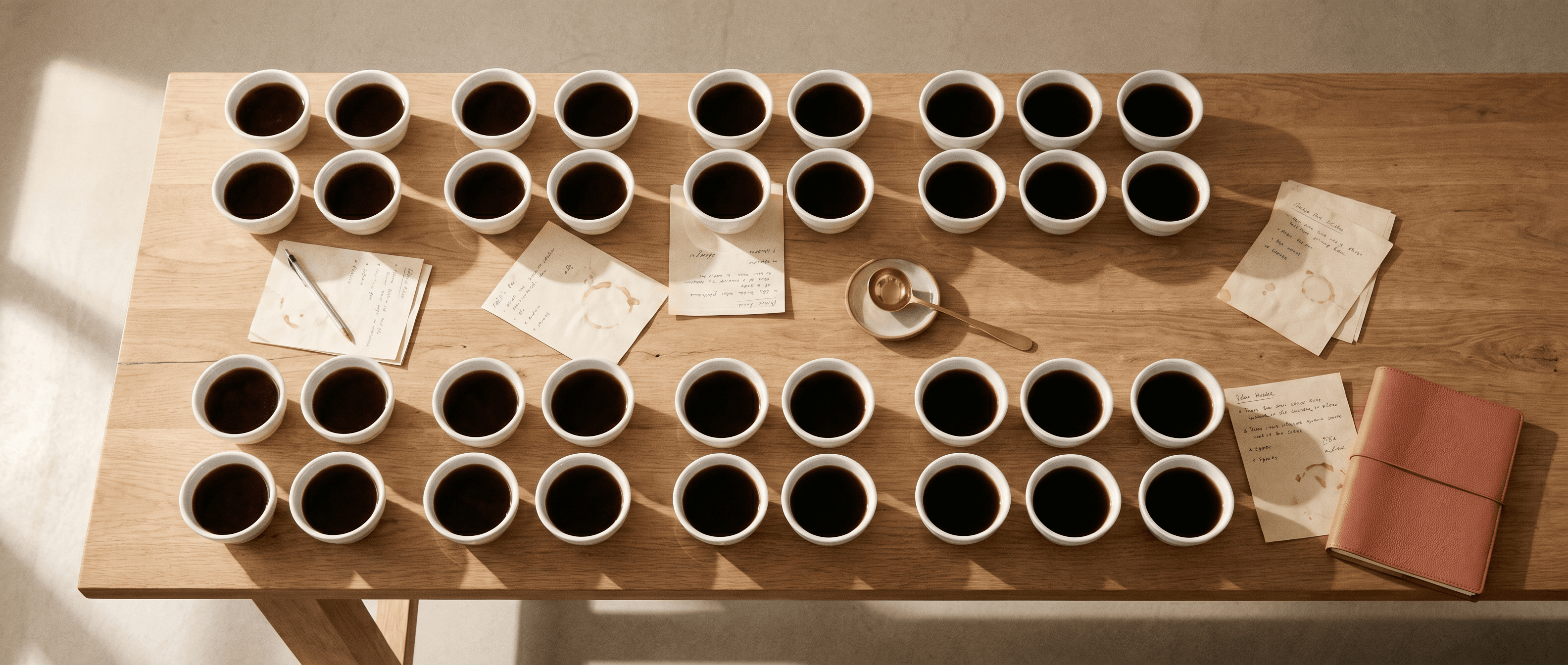 Rows of cupping bowls on a judging table